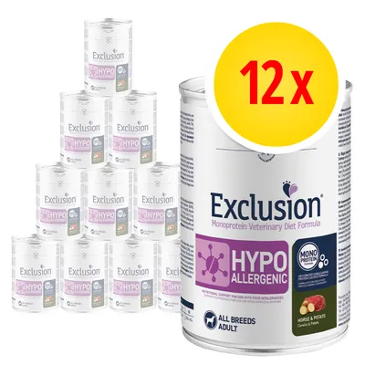 Exclusion Monoprotein Veterinary Diet Formula HYPOALLERGENIC, 12-pack burkar. Synlig text: Horse & Potato, All Breeds Adult, Mono Protein.