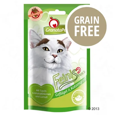 GranataPet Feinis Snack, GRAIN FREE, con taurina, semi di melagrana e olio di salmone. Geflügel & Katzengras. Prodotto in Austria. Testo in tedesco e inglese.