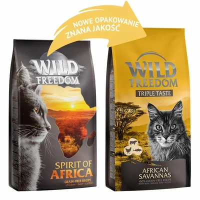 Dwa opakowania karmy Wild Freedom: Spirit of Africa oraz Triple Taste African Savannas. Widoczny napis: Nowe opakowanie, znana jakość.