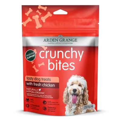 Crunchy bites tasty dog treats with fresh chicken, digestive support, naturally hypoallergenic, 34% chicken, antioxidants, krill omega 3, prebiotics, 225g pack.