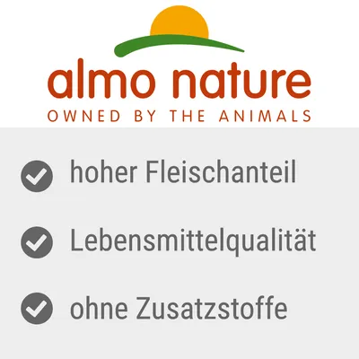almo nature OWNED BY THE ANIMALS. hoher Fleischanteil, Lebensmittelqualität, ohne Zusatzstoffe (texte en allemand)