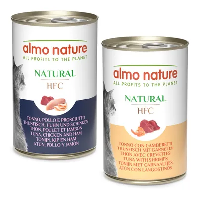 Almo Nature HFC Natural 24 x 140 g - Pack Ahorro - Pack mixto: Atún, pollo y jamón cocido y Atún con gambas
