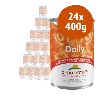 24 lattine da 400 g di Almo Nature Daily con manzo, testo visibile: 'con manzo', 'grain free', 'almo nature owned by the animals'. Immagine della confezione.