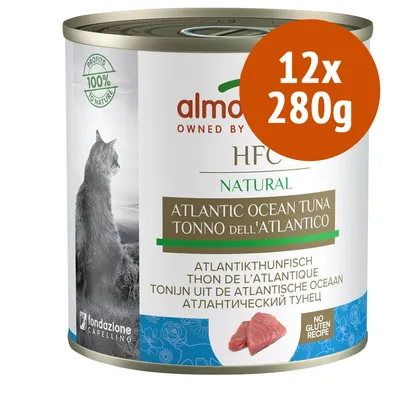 almo nature HFC Natural Tonno dell'Atlantico, 12x280g, ricetta senza glutine, profitti 100% to nature, fondazione Capellino, immagine di un gatto e pezzo di tonno visibili sulla confezione