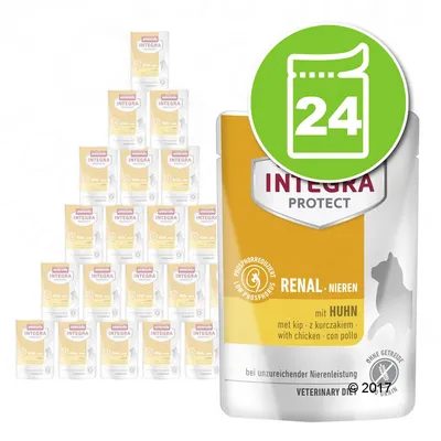 Lot de 24 sachets Integra Protect Renal Nieren mit Huhn, alimentation pour animaux, mention low phosphorus, sans céréales, avec silhouette de chat visible sur l’emballage.