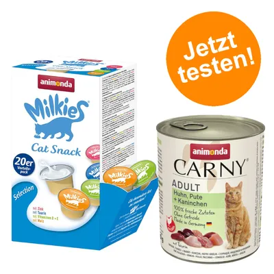Animonda Milkies Cat Snack 20er Vorteilspack mit Zink, Taurin, Vitaminen D+E und Malz. Animonda Carny Adult Huhn, Pute + Kaninchen, 100% frische Zutaten, ohne Getreide, Made in Germany.