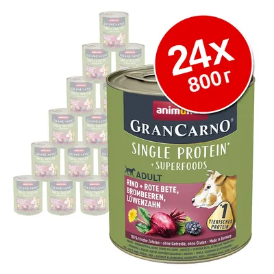 Набор из 24 банок по 800 г Animonda GranCarno Single Protein + Superfoods Adult: говядина, свёкла, ежевика, одуванчик. Видны изображения ингредиентов и коровы на упаковке. Набор из 24 банок по 800 г Animonda GranCarno Single Protein + Superfoods Adult: говядина, свёкла, ежевика, одуванчик. Видны изображения ингредиентов и коровы на упаковке.