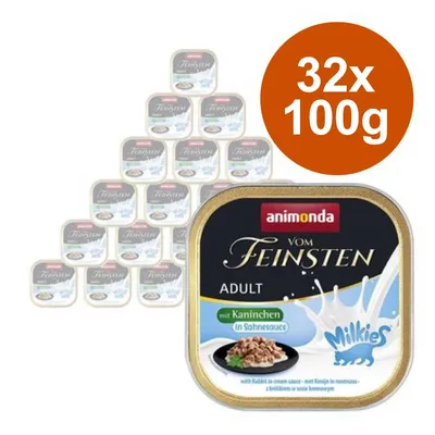 Animonda Vom Feinsten Adult Milkies con Kaninchen in Sahnesauce, confezione da 32 vaschette da 100 g ciascuna, visibile etichetta prodotto e quantità.