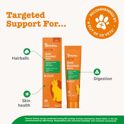 Zesty Paws Anti Hairball paszta minden korosztálynak, 75 g, omega-3 olajokkal, útifűmaghéjjal és inulinnal. Támogatja a szőrlabdák eltávolítását, az emésztést és a bőr egészségét. Az állatorvosok 9-ből 10 ajánlása alapján.