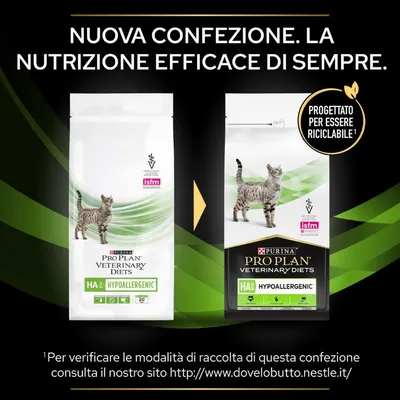 Nuova confezione Purina Pro Plan Veterinary Diets HA Hypoallergenic per gatti, progettata per essere riciclabile. Testo: 'NUOVA CONFEZIONE. LA NUTRIZIONE EFFICACE DI SEMPRE.'