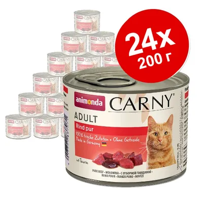 Набор из 24 банок по 200 г Animonda Carny Adult Rind pur для кошек. На упаковке: изображение кота, надписи '100% frische Zutaten', 'Ohne Getreide', 'Made in Germany'.