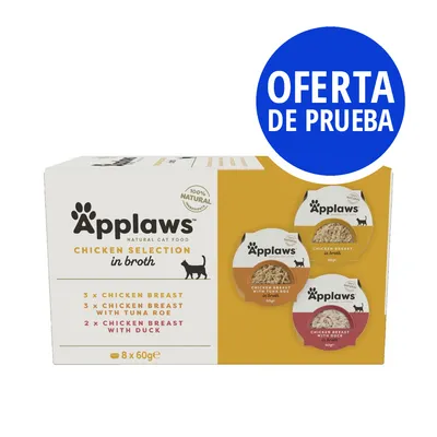 Applaws Chicken Selection in broth, pack de 8 x 60 g. 3 pechuga de pollo, 3 pechuga de pollo con huevas de atún, 2 pechuga de pollo con pato. Oferta de prueba visible en círculo azul.