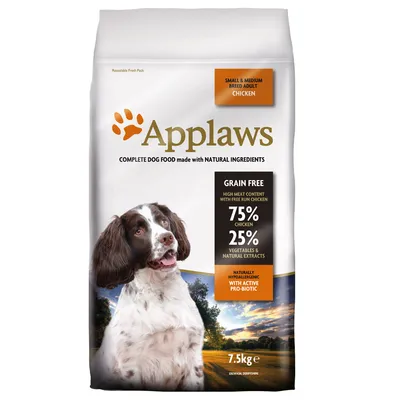 Applaws hrană pentru câini de rase mici și medii, aromă de pui, fără cereale, 75% pui, 25% legume și extracte naturale, hipoalergenă cu probiotic activ, pachet 7,5kg.