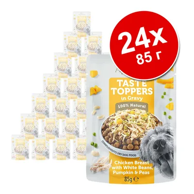 Taste Toppers in Gravy, 24×85 г. Куриная грудка с белой фасолью, тыквой и горохом. 100% Natural. На упаковке изображена миска с кормом и собака. Taste Toppers in Gravy, 24×85 г. Куриная грудка с белой фасолью, тыквой и горохом. 100% Natural. На упаковке изображена миска с кормом и собака.