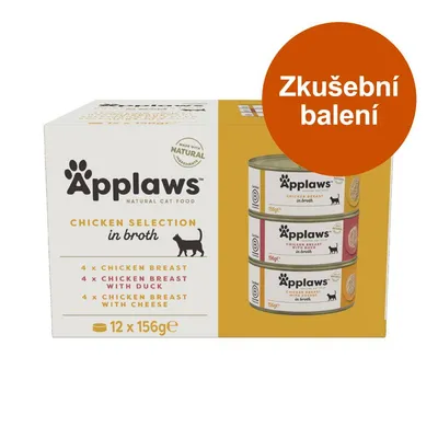 Applaws Chicken Selection in broth, zkušební balení, 12×156g. 4× Chicken Breast, 4× Chicken Breast with Duck, 4× Chicken Breast with Cheese. Přírodní ingredience.