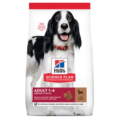 Hill's Science Plan Adult 1-6 Medium 11-25 kg con cordero y arroz. Apoya inmunidad, digestión saludable y músculos magros en perros adultos. Sin conservantes ni colorantes artificiales.