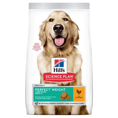 Hill's Science Plan Perfect Weight Large 25 kg+ Adult 1+ med kylling. Specialty. Clinically proven nutrition to reach & maintain healthy weight. Ikke kunstigt konserveret, farvet eller smagsat. Hill's Science Plan Perfect Weight Large 25 kg+ Adult 1+ med kylling. Specialty. Clinically proven nutrition to reach & maintain healthy weight. Ikke kunstigt konserveret, farvet eller smagsat.