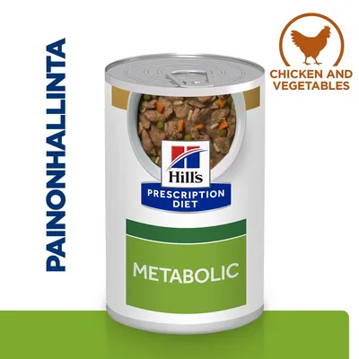 Hill's Prescription Diet Metabolic -purkki, etiketeissä tekstit PAINONHALLINTA ja CHICKEN AND VEGETABLES. Purkin sisällä näkyy lihapaloja ja vihanneksia.