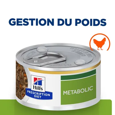 Boîte Hill's Prescription Diet Metabolic, texte visible : GESTION DU POIDS, image de poulet orange sur l’étiquette. Emballage partiellement ouvert montrant la nourriture.