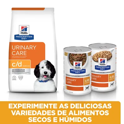 Hill's Prescription Diet Urinary Care c/d Multicare para cães, embalagem de ração seca e duas latas de alimento húmido. Texto: Experimente as deliciosas variedades de alimentos secos e húmidos.