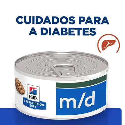 Hill's Prescription Diet m/d, cuidados para a diabetes. Lata de comida húmida com símbolo de fígado visível.