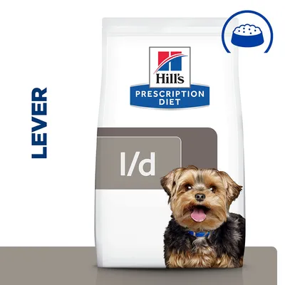 Hill's Prescription Diet l/d hondenvoer, verpakking met afbeelding van kleine hond en tekst 'LEVER' links in beeld.