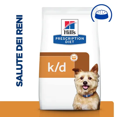Confezione di Hill's Prescription Diet k/d per cani, testo visibile: SALUTE DEI RENI, simbolo ciotola cibo in alto a destra, marchio Hill's ben visibile. Confezione di Hill's Prescription Diet k/d per cani, testo visibile: SALUTE DEI RENI, simbolo ciotola cibo in alto a destra, marchio Hill's ben visibile.