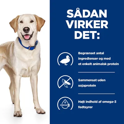 Sådan virker det: Begrænset antal ingredienser og med et enkelt animalsk protein, sammensat uden sojaprotein, højt indhold af omega-3 fedtsyrer. Hund med blåt halsbånd.