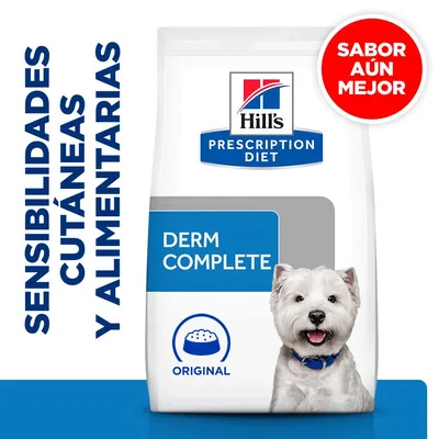 Hill's Prescription Diet Derm Complete Original. Sensibilidades cutáneas y alimentarias. Sabor aún mejor. Imagen de un perro blanco en el envase.