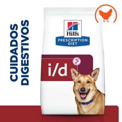 Hill's Prescription Diet i/d, cuidados digestivos, embalagem com imagem de cão e símbolo de frango no canto superior direito.