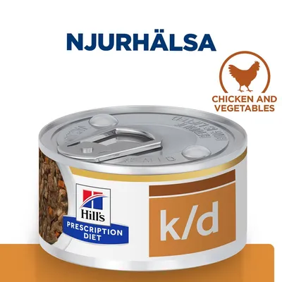 Hill's Prescription Diet k/d burk, text: NJURHÄLSA, CHICKEN AND VEGETABLES. Bild på våtfoder med synliga bitar av kött och grönsaker. Hill's Prescription Diet k/d burk, text: NJURHÄLSA, CHICKEN AND VEGETABLES. Bild på våtfoder med synliga bitar av kött och grönsaker.