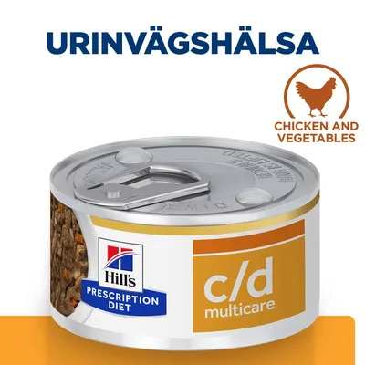 Hill's Prescription Diet c/d Multicare burk, text: URINVÄGSHÄLSA, CHICKEN AND VEGETABLES. Synligt foder med kyckling och grönsaker.