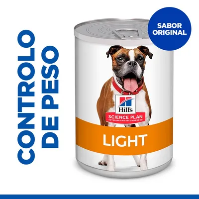 Hill's Science Plan Light, lata com imagem de cão, texto visível: CONTROLO DE PESO e SABOR ORIGINAL.