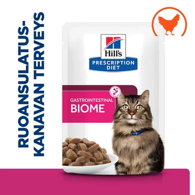 Hill's Prescription Diet Gastrointestinal Biome -kissanruoka, pakkauksessa kuva kissasta ja kulhollinen ruokaa. Teksti: ruoansulatuskanavan terveys. Kanakuvake yläkulmassa.