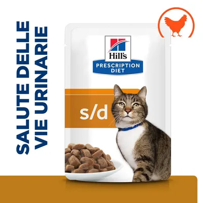 Hill's Prescription Diet s/d per gatti, salute delle vie urinarie, immagine di crocchette in ciotola e simbolo arancione di pollo in alto a destra.