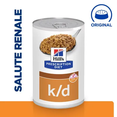 Scatoletta Hill's Prescription Diet k/d, scritta 'SALUTE RENALE', simbolo ciotola con testo 'ORIGINAL', etichetta 'ACTIVBIOME+ KIDNEY DEFENSE'.