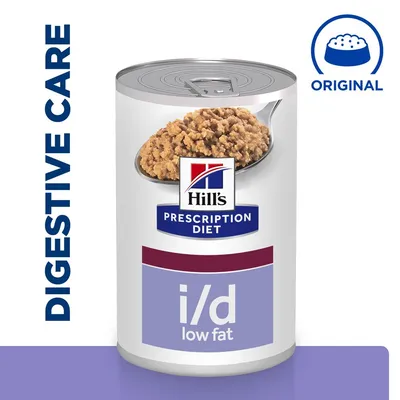 Hill's Prescription Diet i/d low fat konzerv, Digestive Care felirattal, ORIGINAL jelzéssel, darabos állagú eledel képe a dobozon.