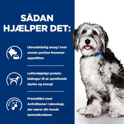 SÅDAN HJÆLPER DET: Uimodståelig smag i hver eneste portion fremmer appetitten. Letfordøjeligt protein bidrager til at opretholde styrke og energi. Fremstillet med ActivBiome+ teknologi.