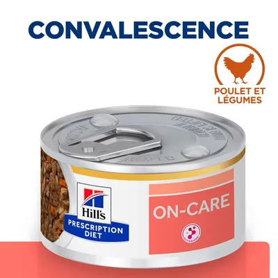 Boîte Hill's Prescription Diet ON-CARE, mention Convalescence, saveur poulet et légumes, texte visible : ACTIVBIOOME, étiquette orange et blanche. Boîte Hill's Prescription Diet ON-CARE, mention Convalescence, saveur poulet et légumes, texte visible : ACTIVBIOOME, étiquette orange et blanche.
