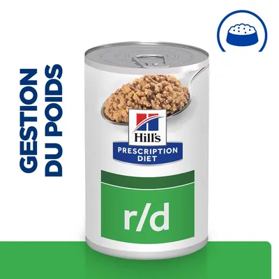 Boîte de pâtée Hill's Prescription Diet r/d, texte visible : GESTION DU POIDS. Image d'une cuillère avec pâtée sur l'étiquette.