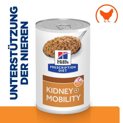 Hill's Prescription Diet Kidney + Mobility Nassfutter für Hunde, Unterstützung der Nieren, mit Huhn. Hill's Prescription Diet Kidney + Mobility Nassfutter für Hunde, Unterstützung der Nieren, mit Huhn.