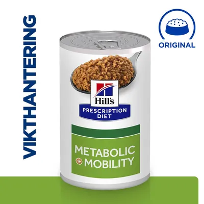 Hill's Prescription Diet burk med texten METABOLIC + MOBILITY, bild på våtfoder på sked, texten VIKTHANTERING och symbol med matskål samt texten ORIGINAL.