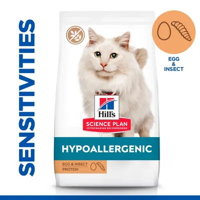 Hypoallergenic pet food with egg and insect protein, suitable for sensitivities. Features 'Science Plan' and 'egg & insect protein' text on packaging.