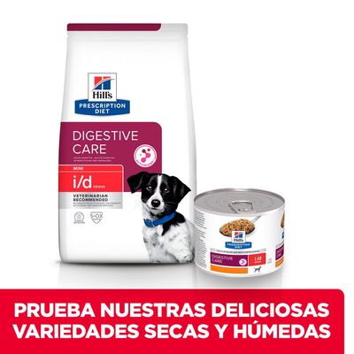 Hill's Prescription Diet Digestive Care MINI i/d stress para perros, saco y lata visibles. Texto: PRUEBA NUESTRAS DELICIOSAS VARIEDADES SECAS Y HÚMEDAS.