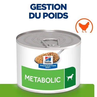 Boîte Hill's Prescription Diet Metabolic pour chien, gestion du poids, illustration poulet, texte visible : METABOLIC, GESTION DU POIDS.