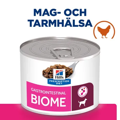 Hill's Prescription Diet Gastrointestinal Biome våtfoder för hund, text: MAG- OCH TARMHÄLSA, bild på kyckling och foderbit, symbol ACTIVBIOME+ synlig på burken.