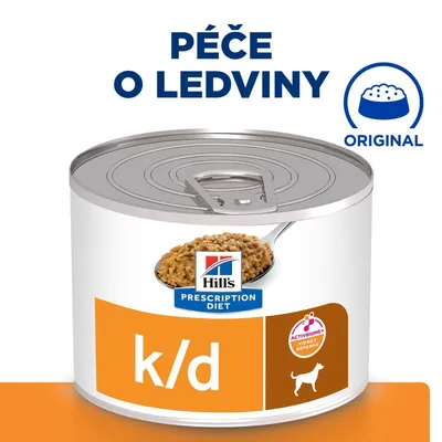 Konzerva Hill's Prescription Diet k/d pre psy, nápis „PÉČE O LEDVINY“, logo Original, viditeľný text ACTIVBIOME+ KIDNEY DEFENSE.