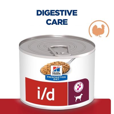 Hill's Prescription Diet i/d консервирана храна за кучета, надпис DIGESTIVE CARE, икона на пуйка, лого ACTIVBIOME, изображение на храната в лъжица.