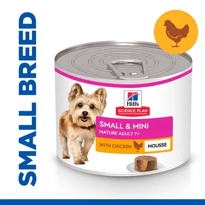 Tin labelled for small and mini mature adult 7+ with chicken mousse, featuring a chicken icon and the words 'small breed' on the side. Tin labelled for small and mini mature adult 7+ with chicken mousse, featuring a chicken icon and the words 'small breed' on the side.