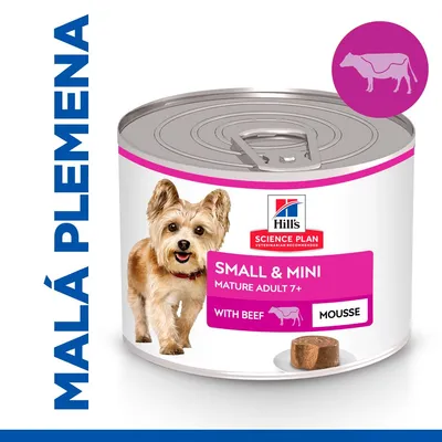 Konzerva Hill's Science Plan Small & Mini Mature Adult 7+ with Beef Mousse, obrázek psa, nápis MALÁ PLEMENA, symbol krávy, porce paštiky na talíři. Konzerva Hill's Science Plan Small & Mini Mature Adult 7+ with Beef Mousse, obrázek psa, nápis MALÁ PLEMENA, symbol krávy, porce paštiky na talíři.